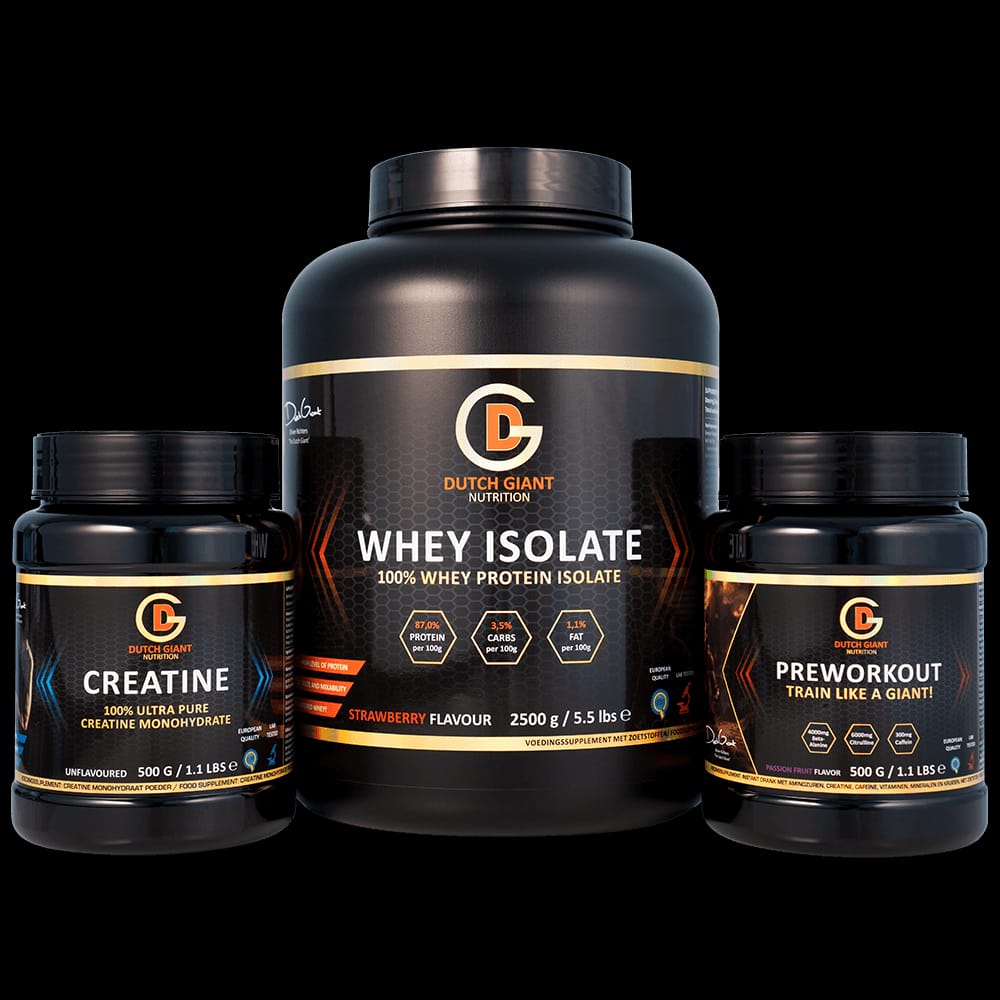 Dutch Giant Nutrition products: creatine, whey isolate and pre-workout tubs