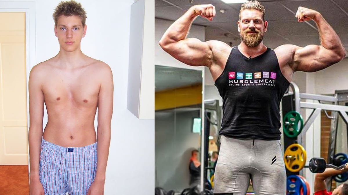 Then and now: Olivier Richters at about nineteen, slim at around 80 kilos, beside a recent photo flexing in his gym